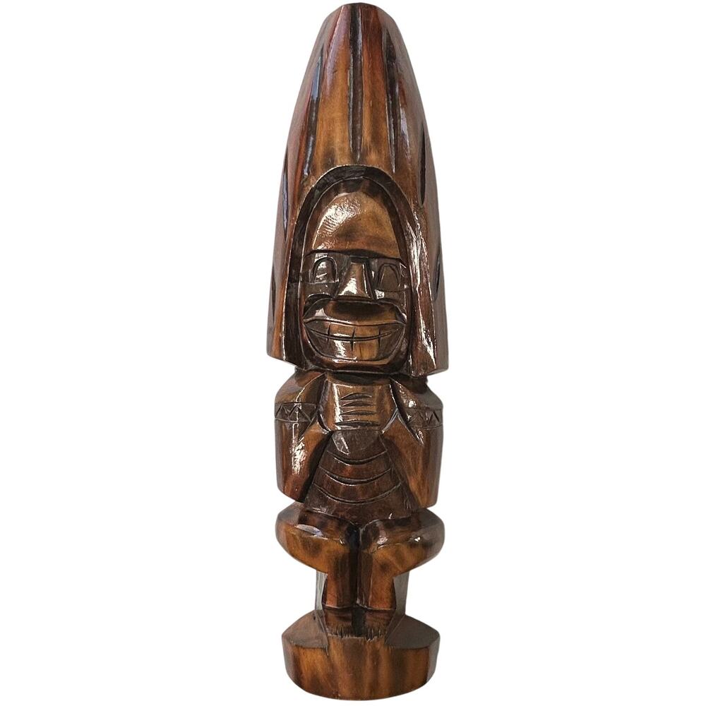 Vintage Hand Carved Tiki Statue Polynesian Hawaiian Boho Tropical Bar Decor 13"